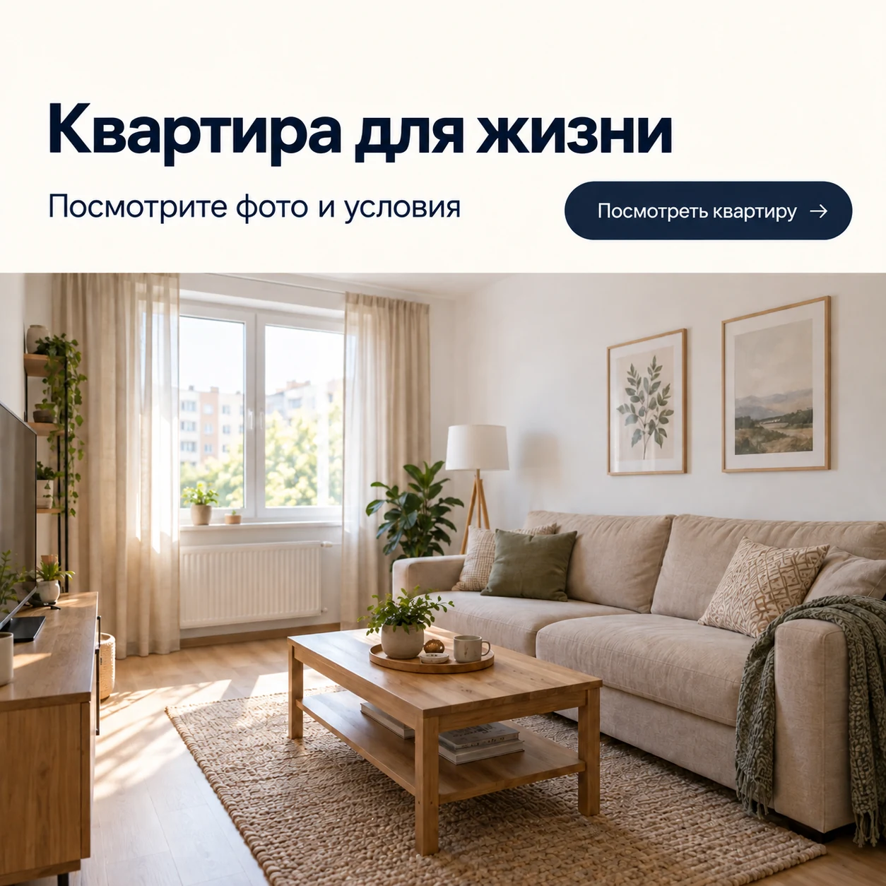 Креатив квартиры до правки: общий заголовок «Квартира для жизни» над фотографией гостиной