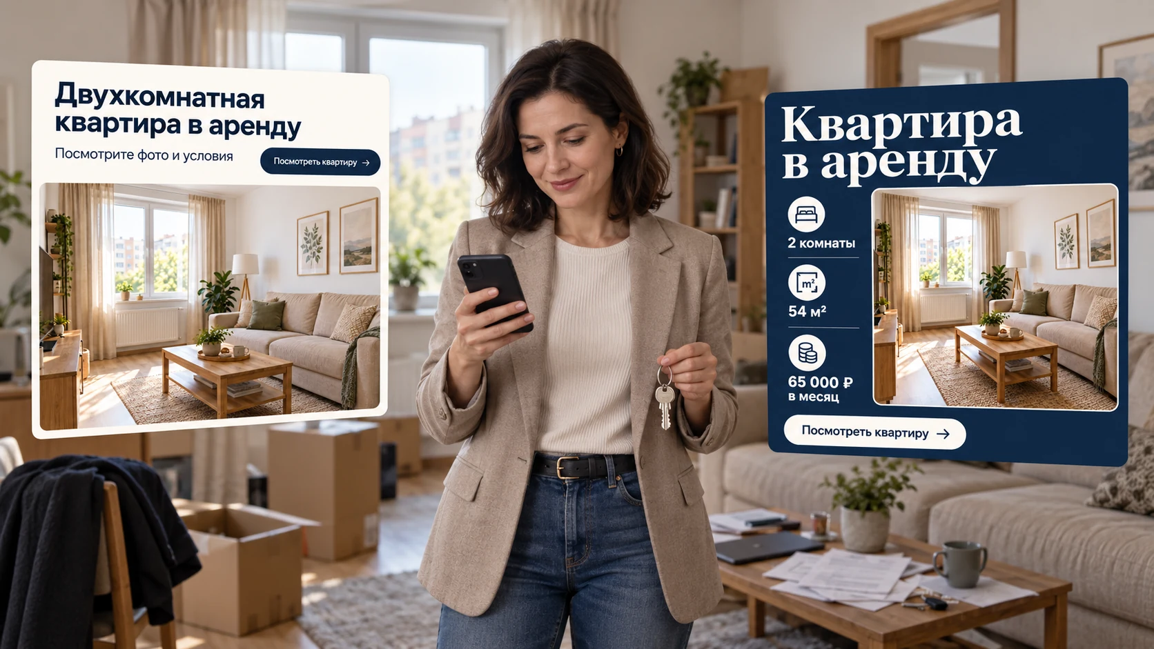 Елена держит телефон и ключи в обычной квартире; по сторонам показаны креативы аренды
