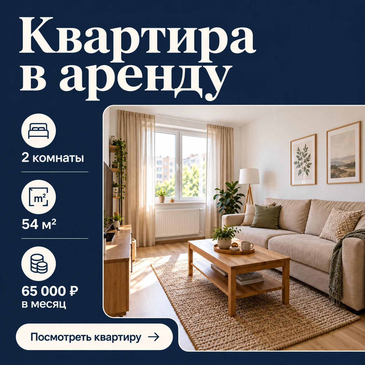 Креатив аренды квартиры с гостиной и сведениями: 2 комнаты, 54 м², 65 000 ₽ в месяц