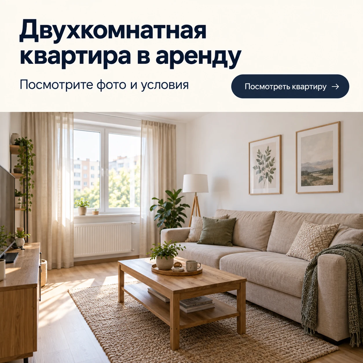 Креатив аренды двухкомнатной квартиры: фотография гостиной и приглашение посмотреть фото и условия