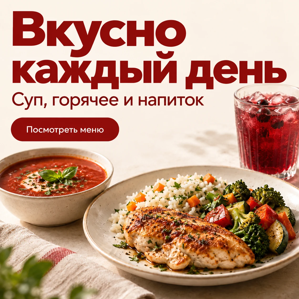 Креатив обеденного меню до правки: заголовок «Вкусно каждый день» над фотографиями блюд