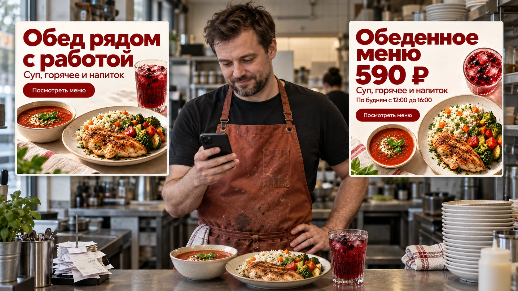 Николай смотрит в телефон за стойкой обычного кафе; рядом показаны креативы обеденного меню