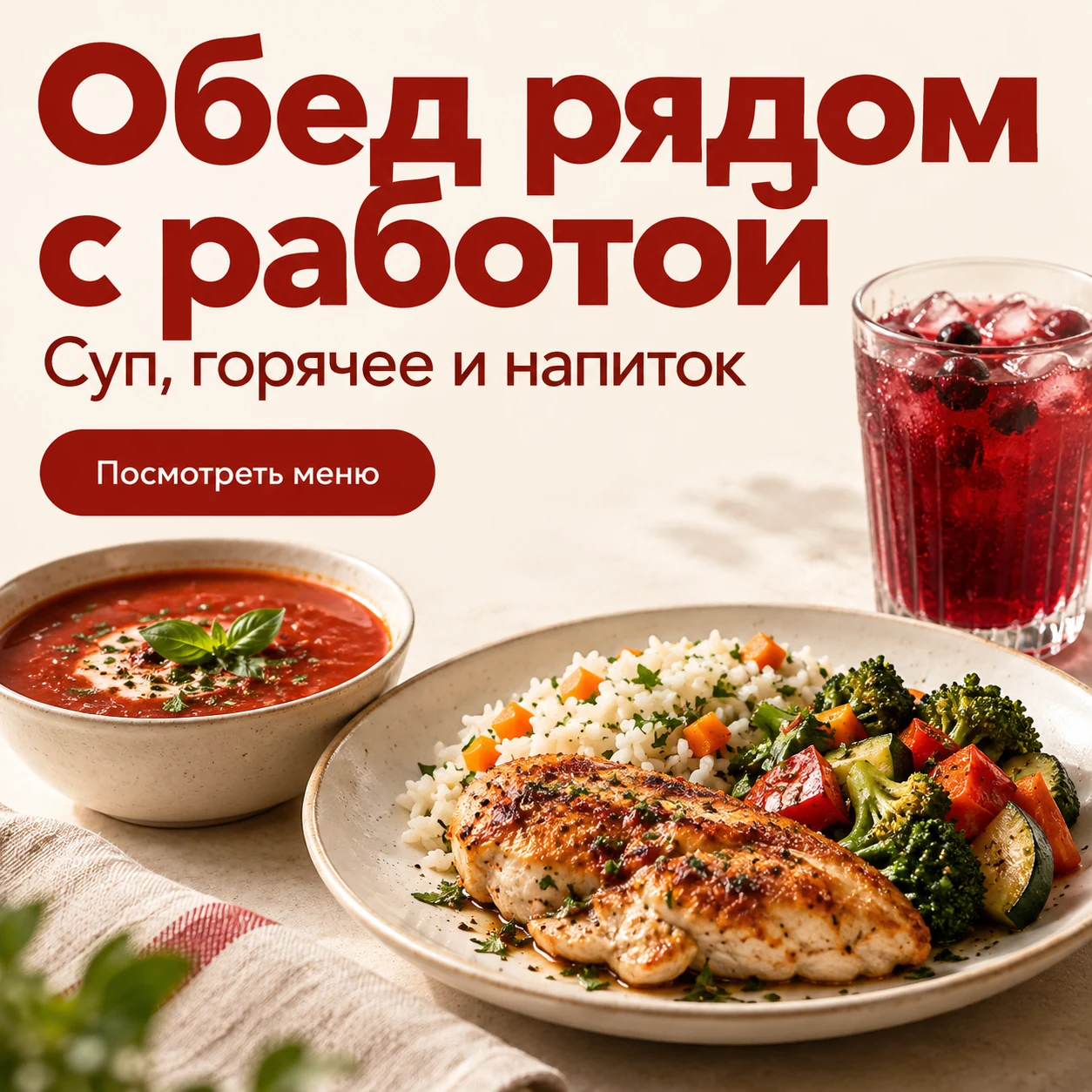 Креатив обеда рядом с работой: суп, курица с рисом и овощами, напиток и призыв посмотреть меню