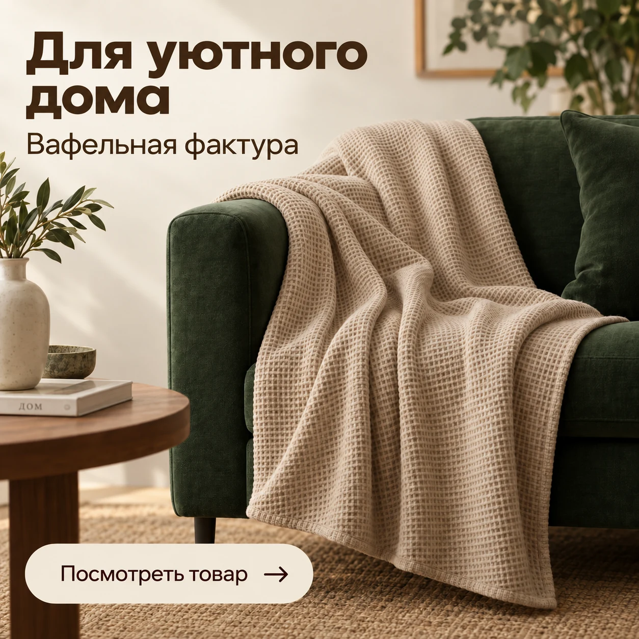 Креатив пледа до правки: общий заголовок «Для уютного дома», бежевый плед и зелёный диван