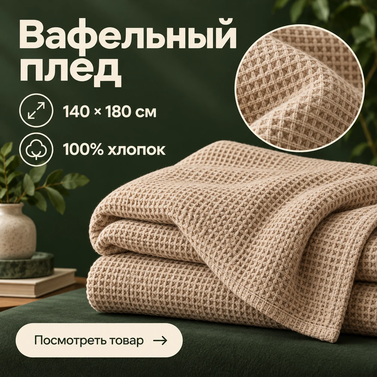 Креатив вафельного пледа: крупная фактура, размер 140 × 180 см и состав 100% хлопок