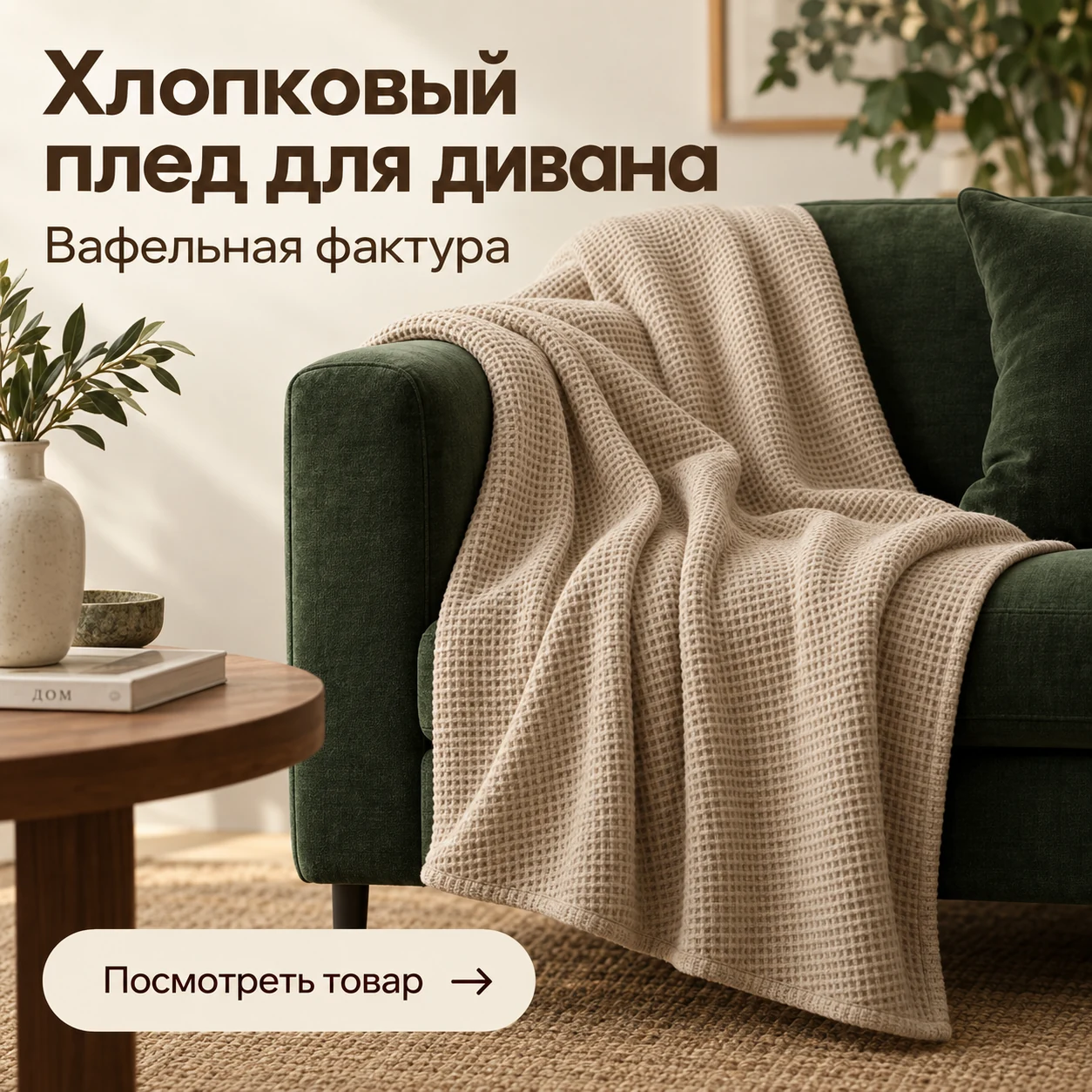 Креатив хлопкового пледа для дивана: бежевый вафельный плед на зелёном диване и приглашение посмотреть товар