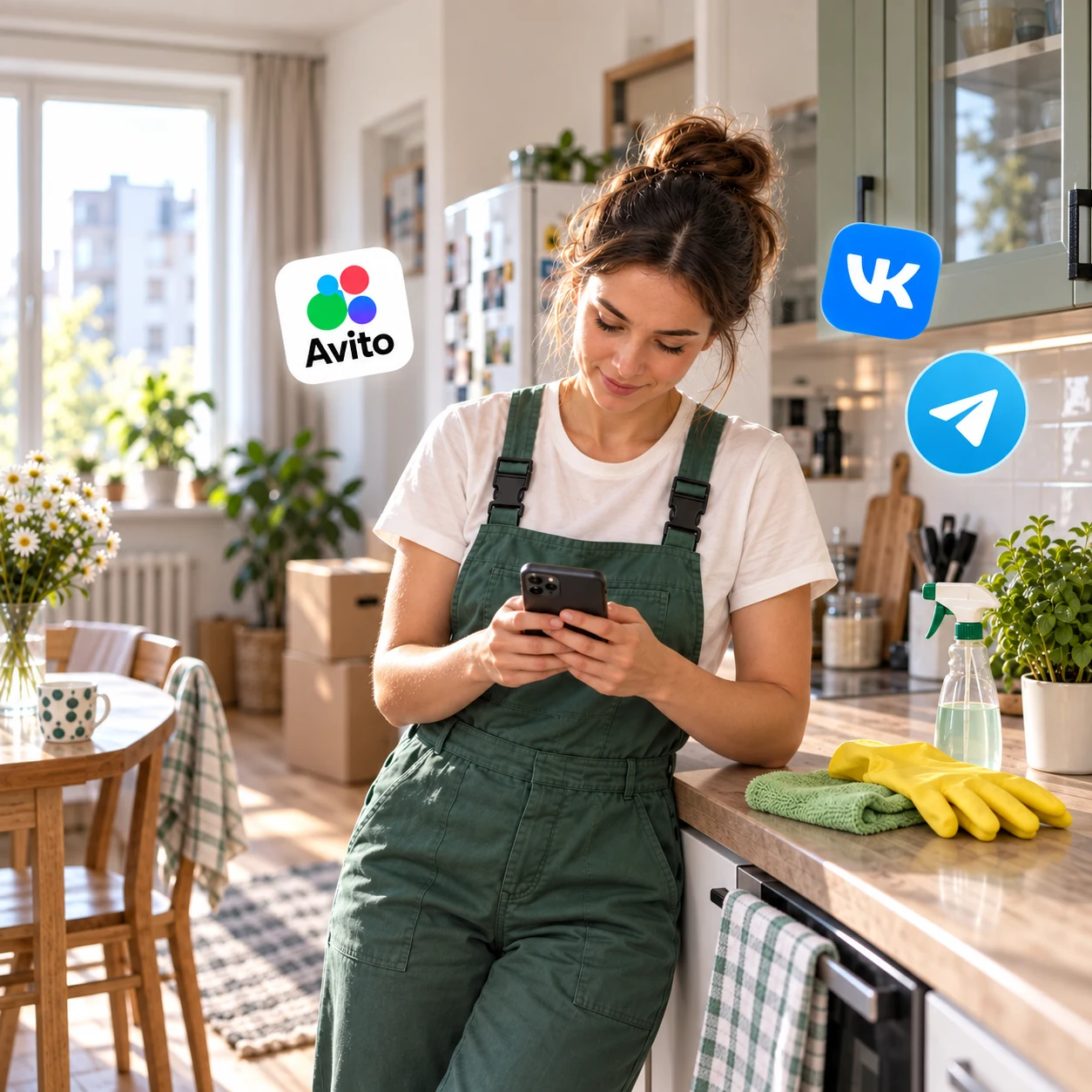 Женщина после уборки смотрит в телефон; рядом инвентарь и значки Avito, VK и Telegram