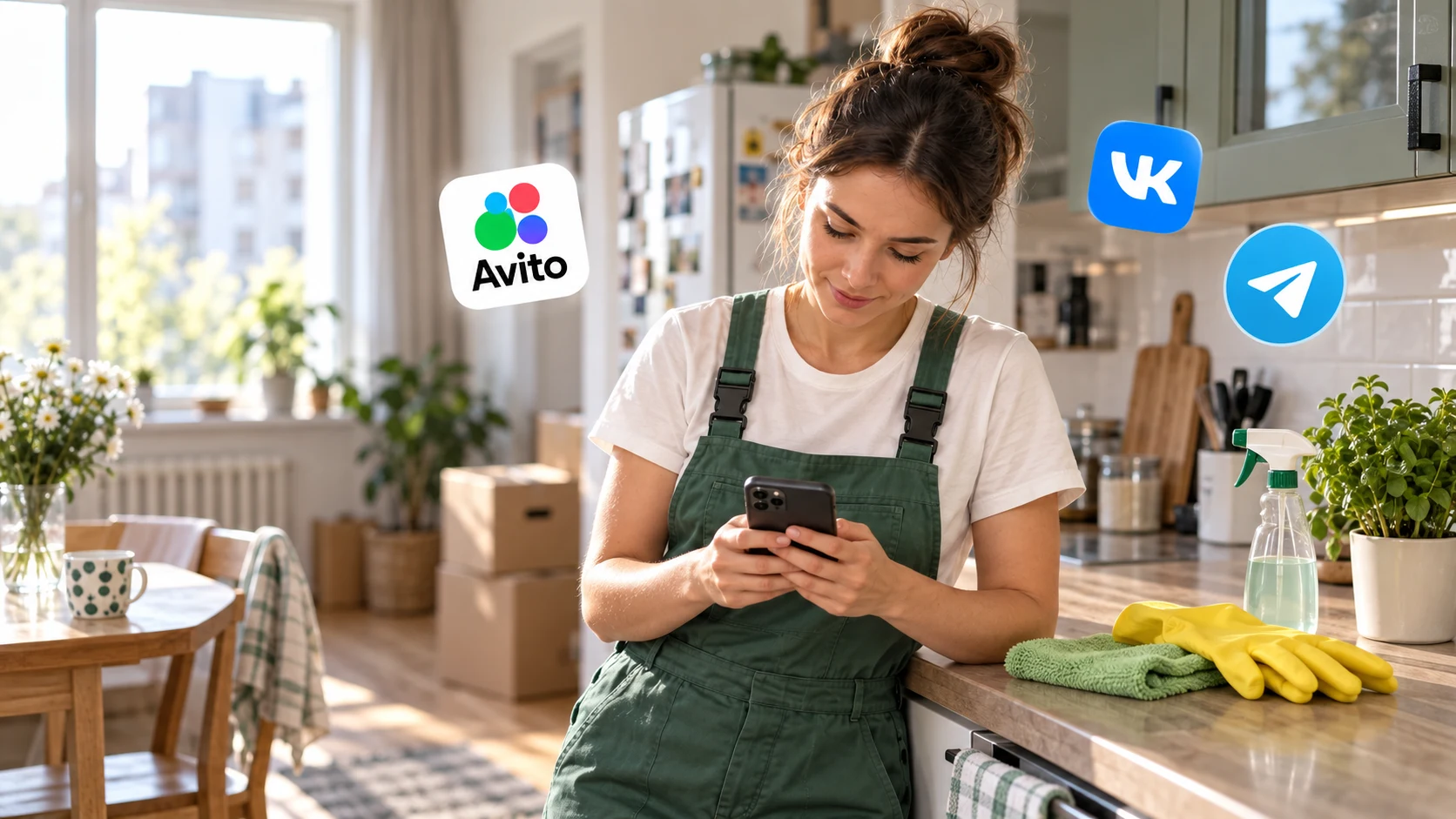Женщина после уборки смотрит в телефон; рядом инвентарь и значки Avito, VK и Telegram