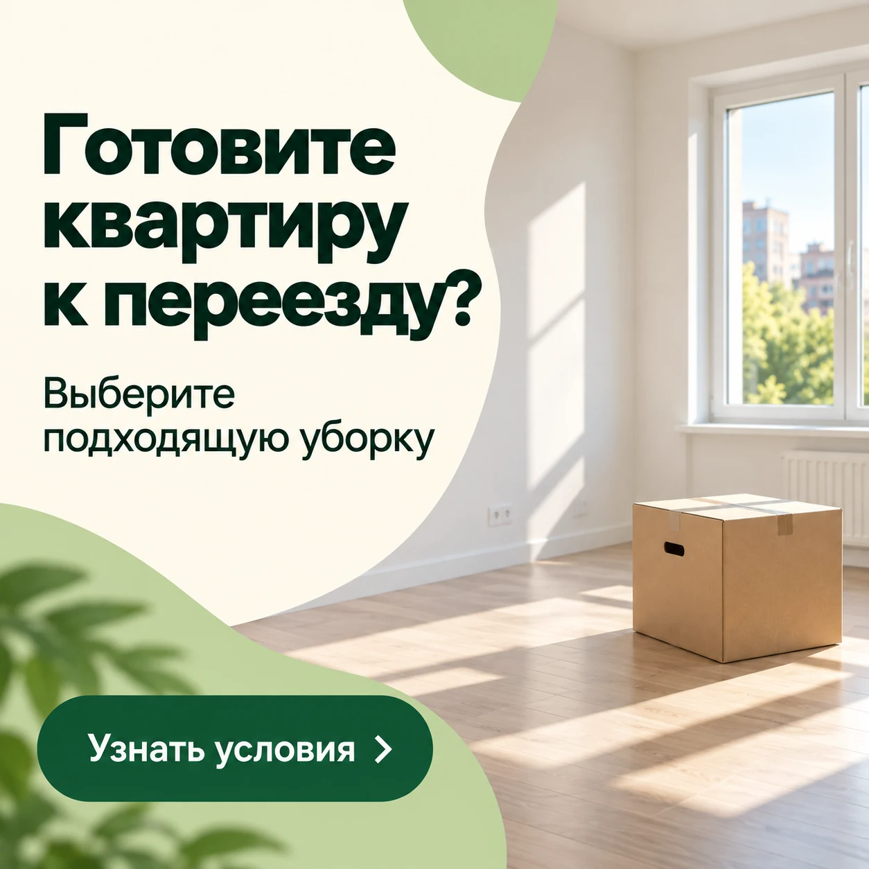 Креатив для человека перед переездом: свободная комната, коробка и предложение выбрать уборку