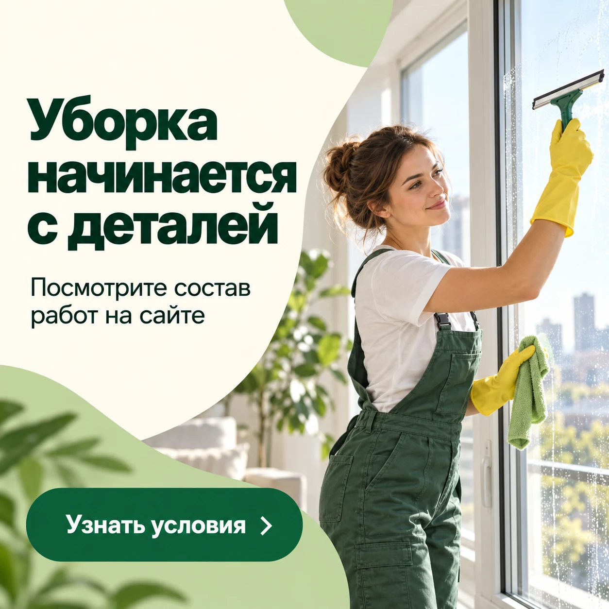 Креатив для рекламы уборки: специалист моет окно, текст предлагает проверить состав работ