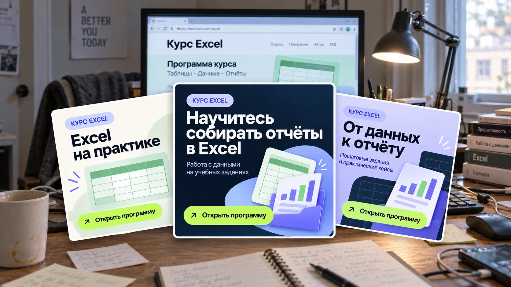 Страница курса Excel на мониторе за обычным рабочим столом; на переднем плане выделяются аккуратно оформленные креативы курса